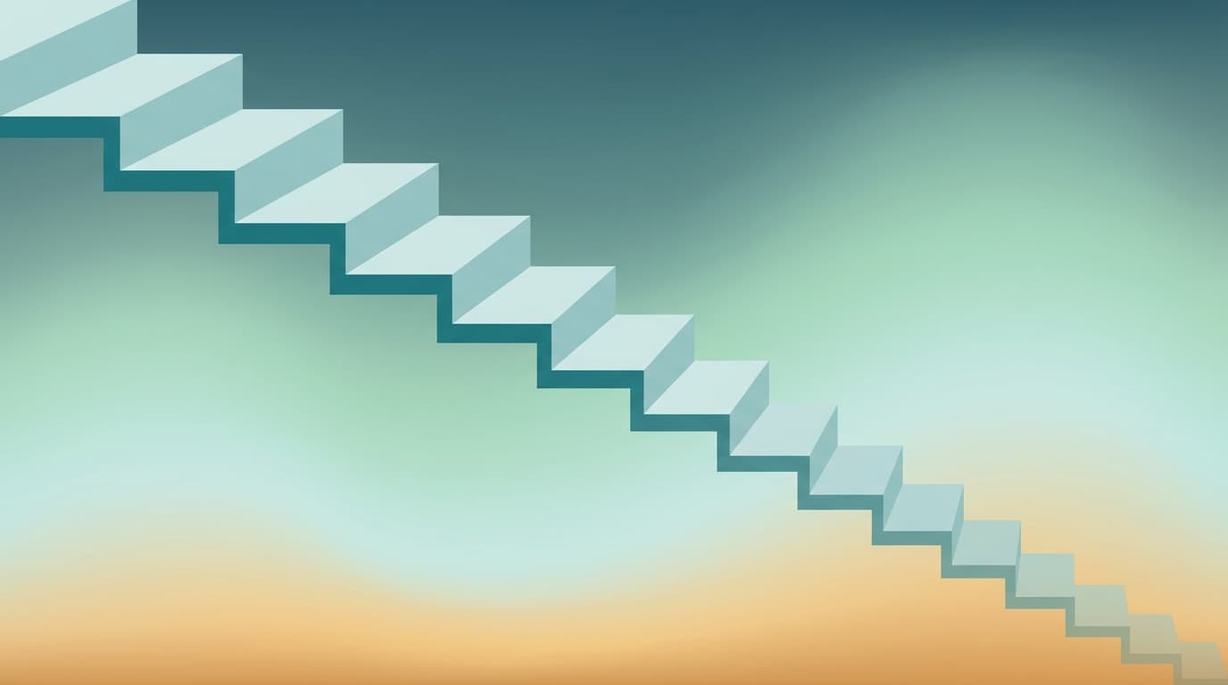 Abstract tapered staircase descending from upper left to lower right against a warm teal-to-amber gradient, evoking the steady reduction of Age Pension entitlement as assessable assets rise above the threshold.