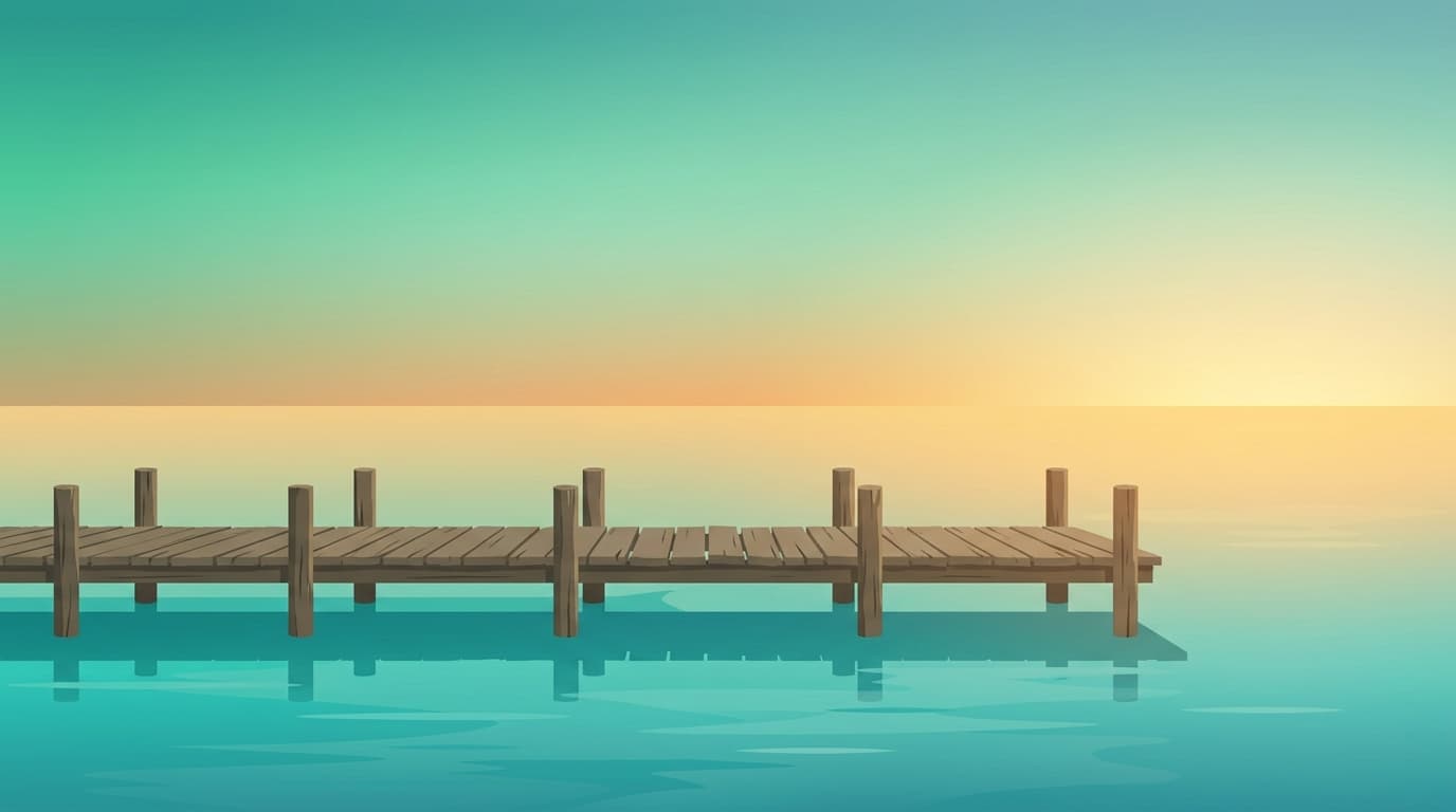 Minimalist illustration of a long wooden pier extending across calm turquoise water toward a warm golden horizon, evoking the bridge between early retirement and super preservation age.