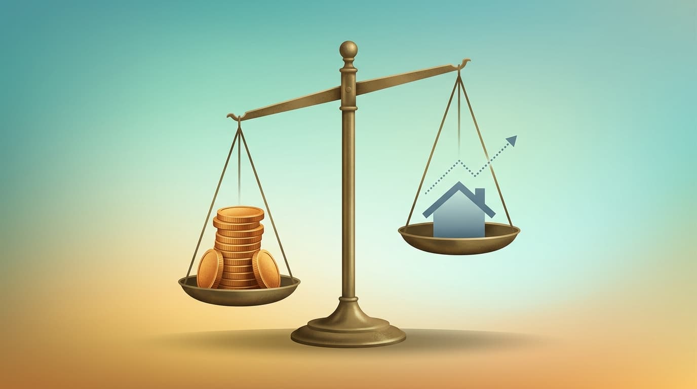 Minimalist editorial illustration of a balance scale with a stack of gold coins on one side and an abstract investment-graph silhouette plus house on the other, the scale tipping subtly toward the coins, set against a teal-to-amber gradient sky, evoking the Budget rebalancing tax weight from investors toward workers.