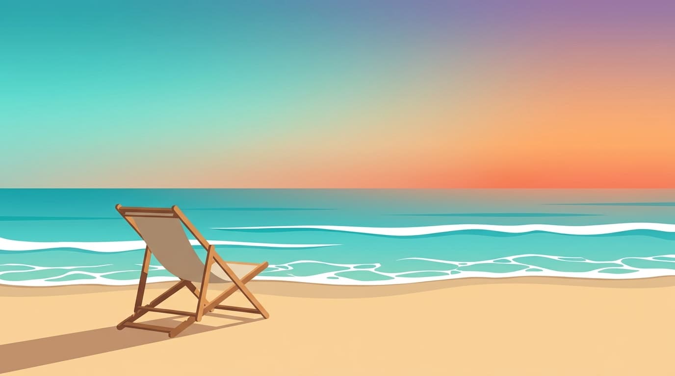 Minimalist illustration of a calm Australian coastline at late afternoon with gentle turquoise waves and a single empty deck chair on the sand facing the ocean, evoking the coasting-to-retirement concept.