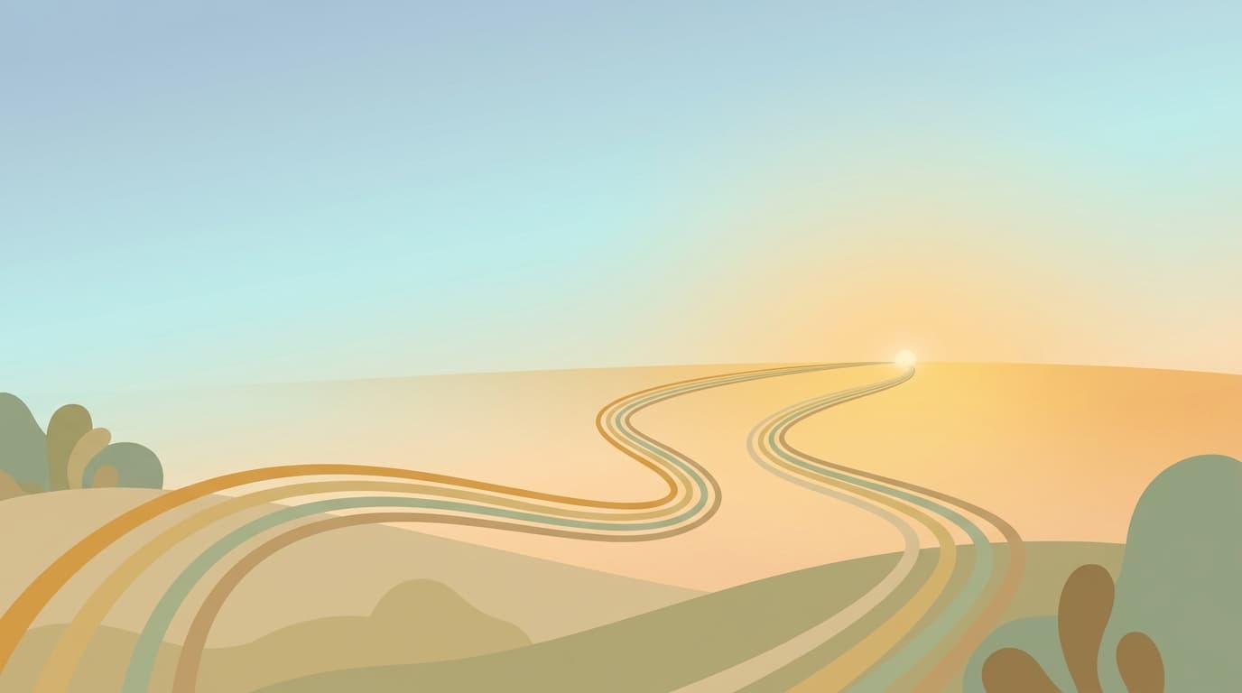 Minimalist illustration of two parallel paths over rolling Australian terrain, one slightly longer than the other, both ending at the same distant horizon point in cool sky-blue and warm amber gradient, evoking the small but real time delay HECS adds to a FIRE journey.