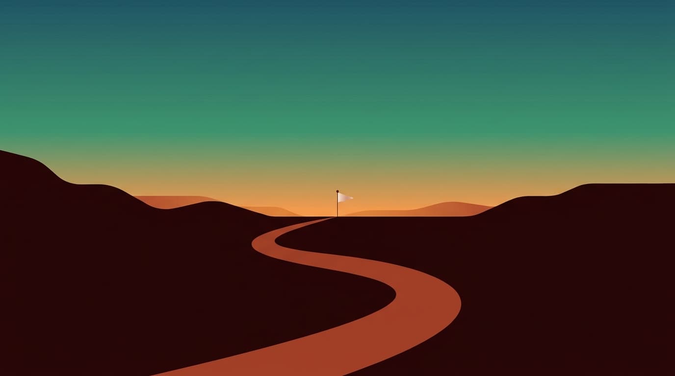Minimalist illustration of a winding path leading through silhouetted hills toward a small flag at a warm golden horizon, symbolising the journey toward a FIRE target.
