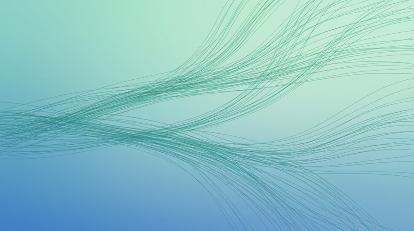 Abstract illustration of dozens of translucent probability paths fanning across a soft emerald-to-sky gradient, some diverging upward and some downward, evoking a Monte Carlo simulation of financial outcomes.