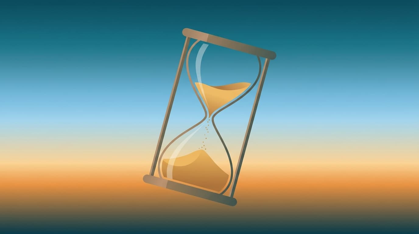 Minimalist hourglass silhouette against a soft horizon, with warm golden sand in the lower bulb and a cool teal sky above, symbolising the rigid waiting period for super preservation age.