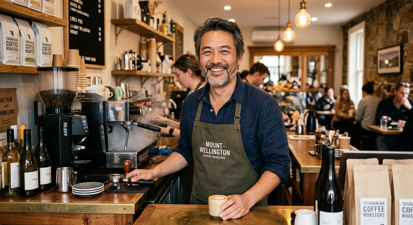 Sam Nguyen at a harbour-side cafe in Hobart