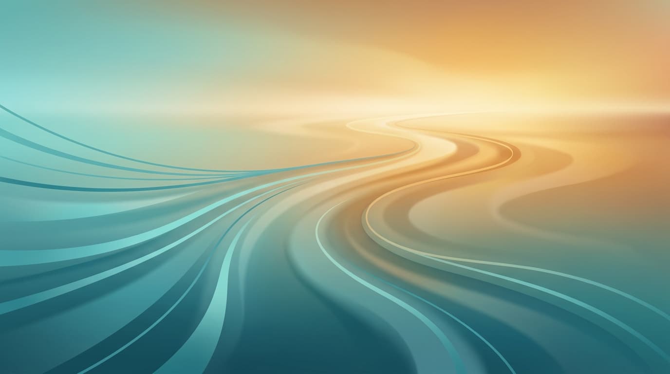 Editorial illustration of several small streams converging into one calm wide river flowing toward a warm horizon, rendered in teal-to-amber tones, evoking separate retirement income streams combining into a single household income.