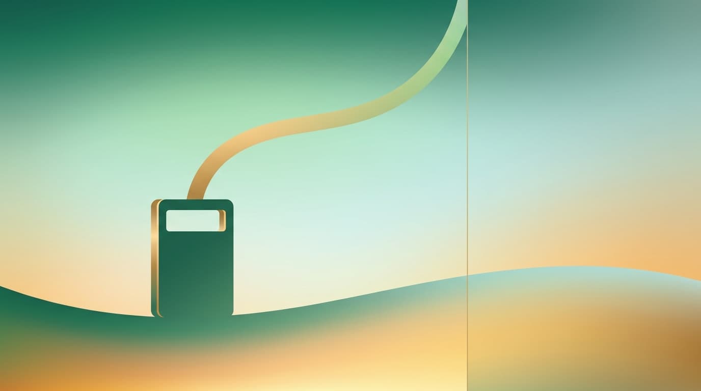 Editorial illustration of a stylised calculator silhouette with a gentle upward capital-growth curve rising out of it, split by a faint vertical divider, against a warm emerald-to-amber gradient, evoking working out a capital gain and the change of regime at the divider.