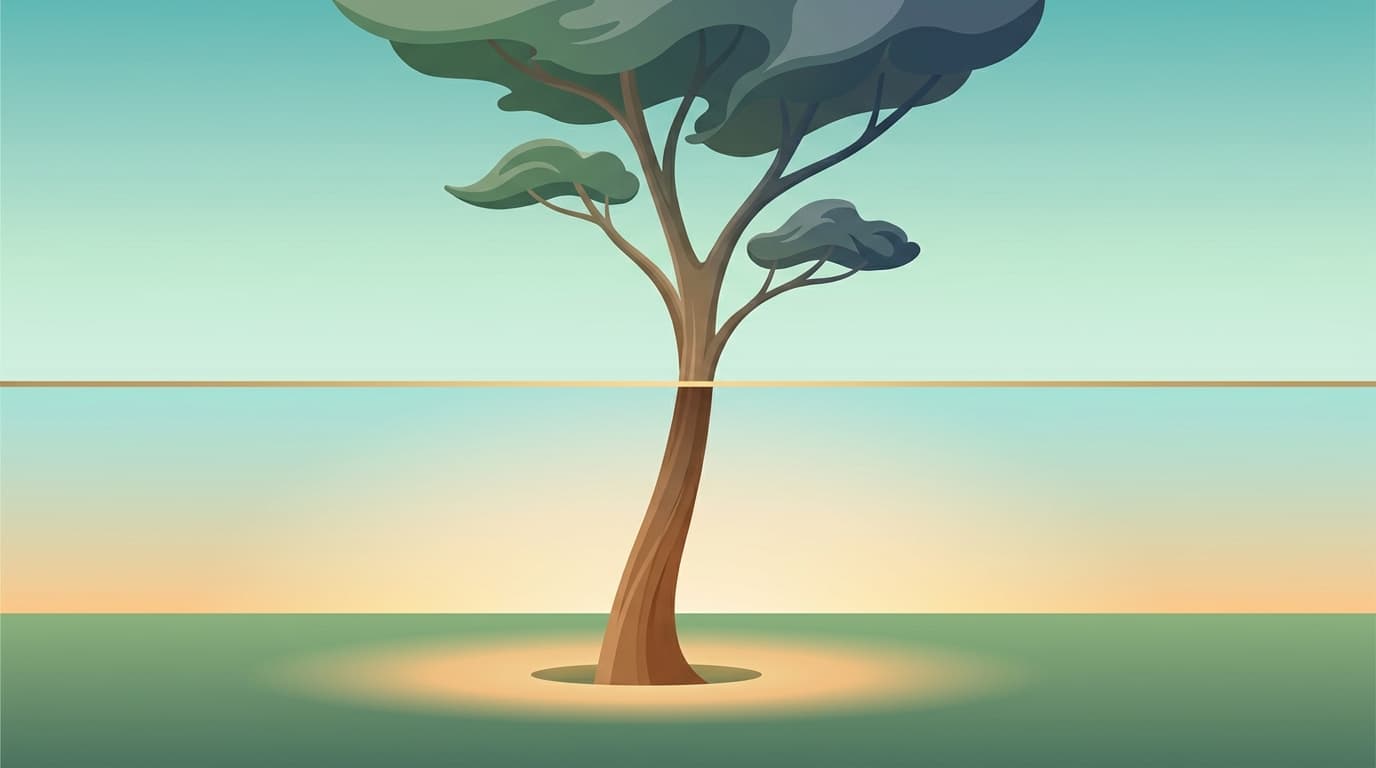 Editorial illustration of a tall slender tree growing past a horizontal ceiling line, with the upper branches casting longer shadows and the lower trunk inside a soft amber-lit ring, against a teal-to-amber gradient sky, evoking the slice of super wealth that sits above the $3m threshold and now faces a higher effective tax rate.