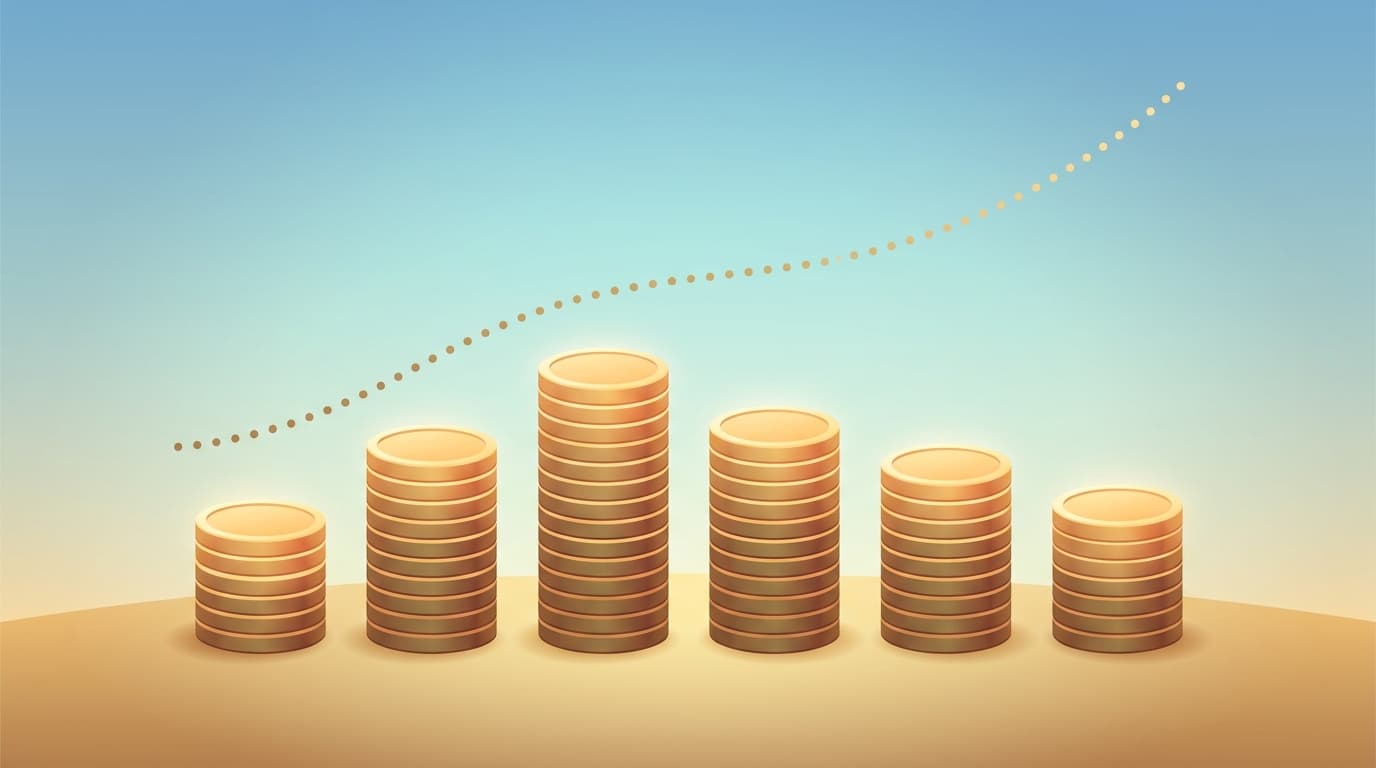 Editorial illustration of six gold coin stacks arranged in ascending then descending heights against a sky-blue to warm gold gradient, with a gentle ascending dotted growth line tracing across the top, evoking the superannuation rule changes coming into effect on 1 July 2026.