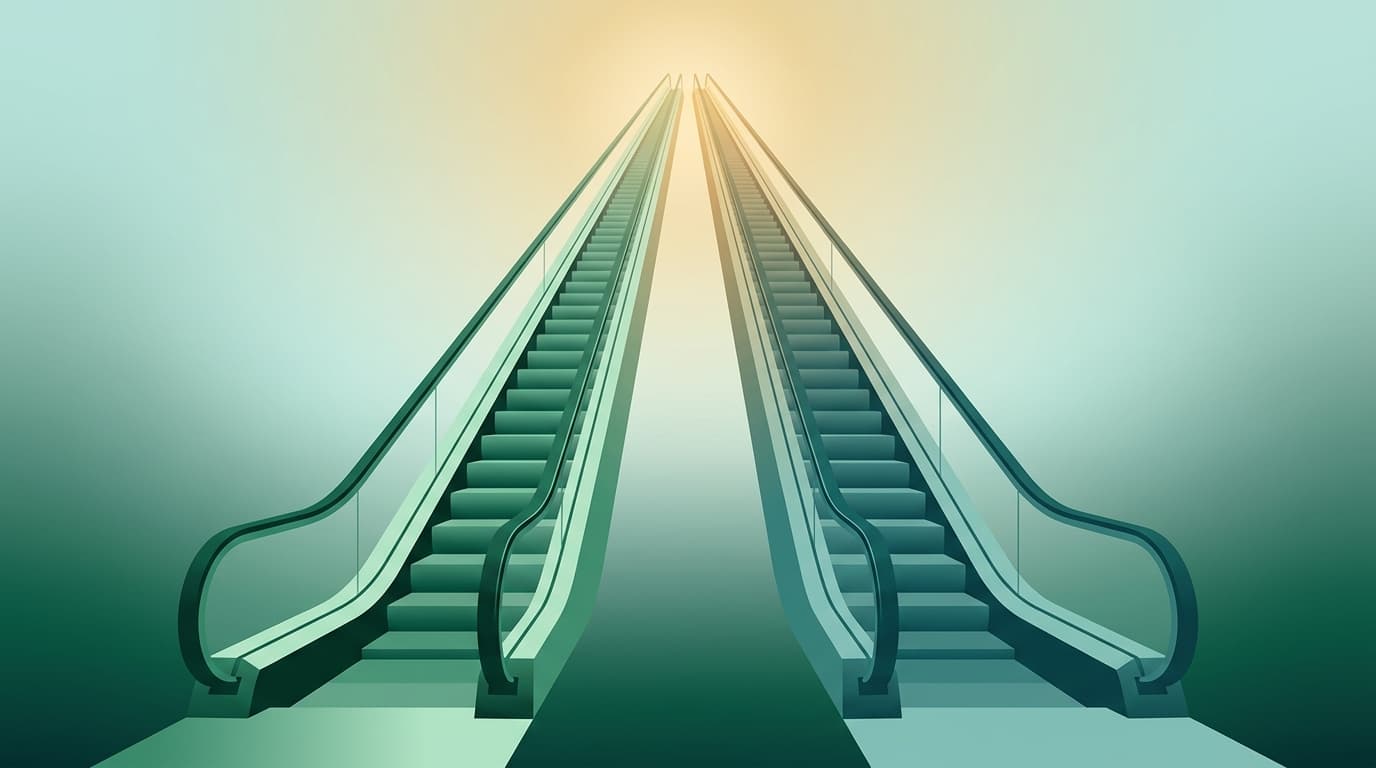 Editorial illustration of two parallel escalators rising at different angles and converging toward a single distant bright point, rendered in emerald greens with warm gold highlights, evoking two saving strategies that meet at a crossover.