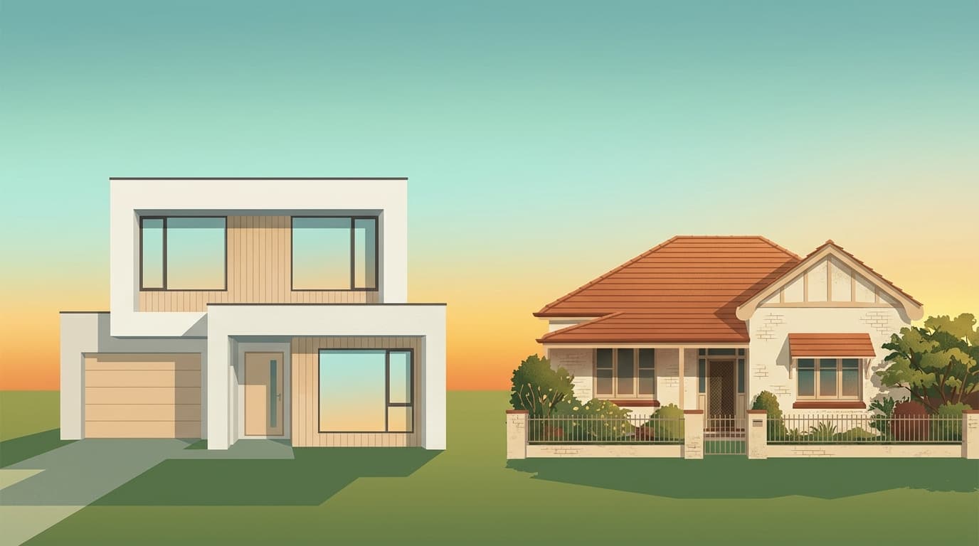 Editorial illustration of two suburban Australian houses side by side at golden hour, one with a clean modern new-build silhouette and one with a weathered established appearance, against a soft teal-to-amber gradient sky, evoking the new vs established distinction at the heart of the 2026 negative-gearing reform.