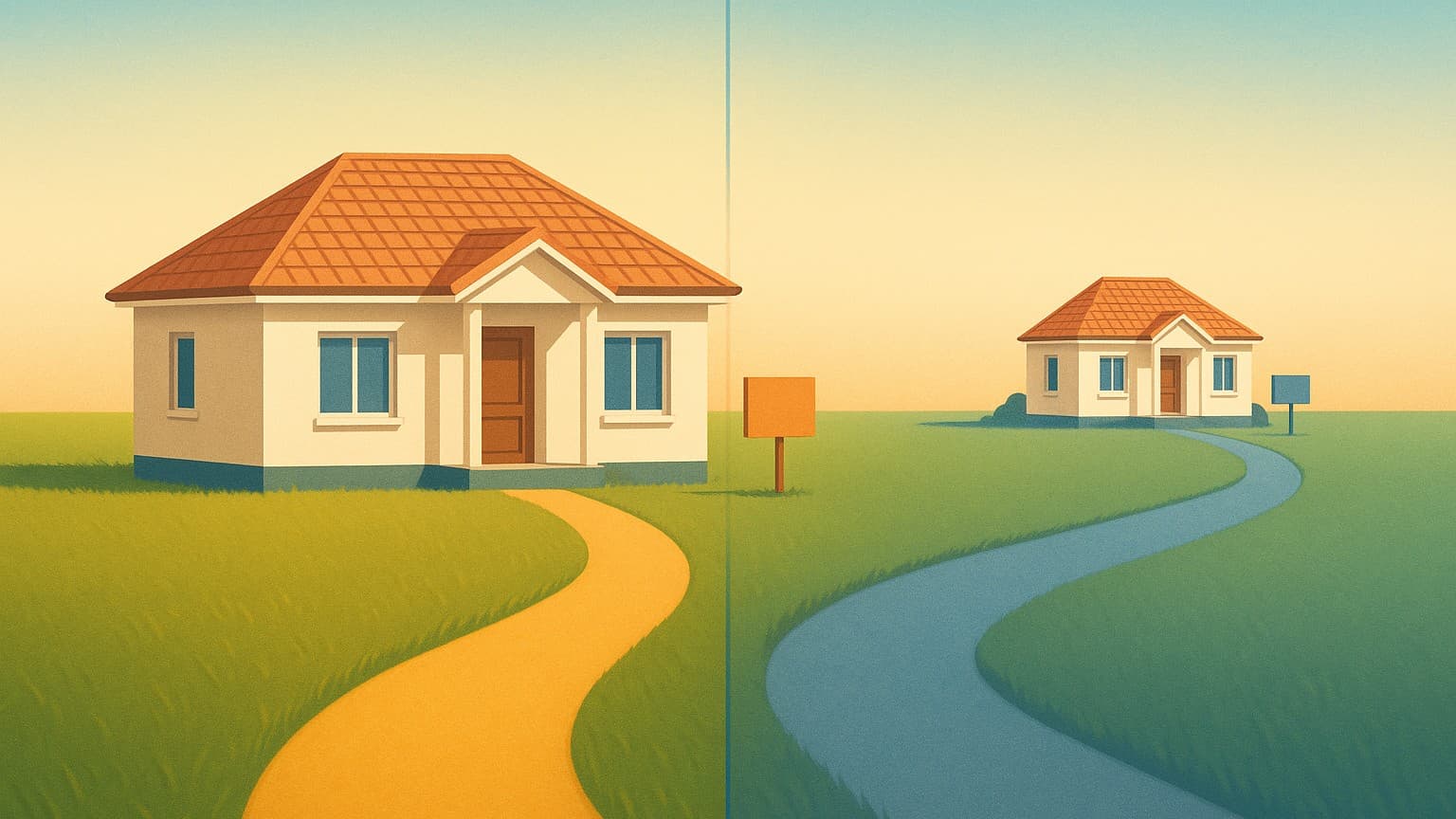 Editorial illustration of the same suburban Australian house drawn twice along two diverging timeline paths, each with an identical for-sale sign on the lawn — the larger foreground house on the upper warm-gold path positioned before the 1 July 2027 marker representing an early sale, and a smaller distant version of the same house on the lower steel-blue path past the marker representing a later sale, against a sky-to-amber gradient.