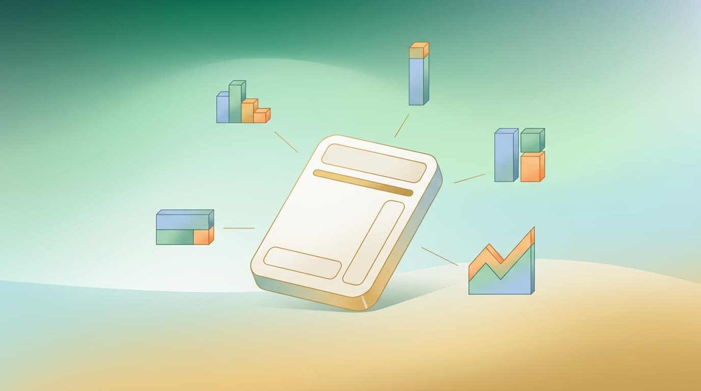 Stylised editorial illustration of a calculator face with small chart icons radiating outward against a soft emerald background and warm gold accents on the totals row, evoking five worked CGT scenarios run through the same calculator.